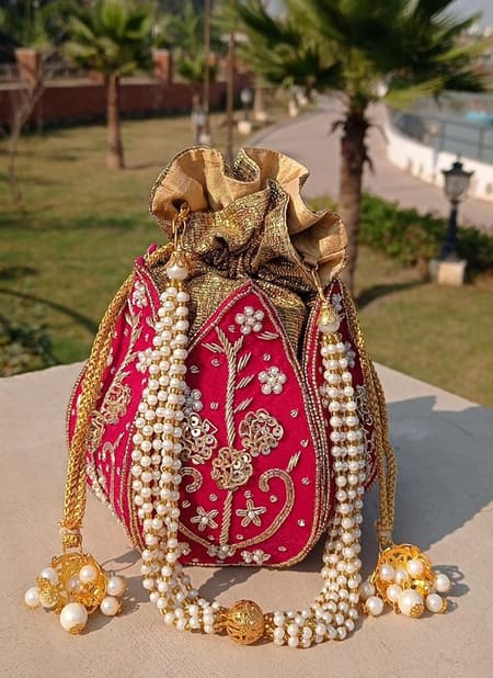 Wedding Wear Embroidered Lotus Dabka Shaped Potlies Catalog
